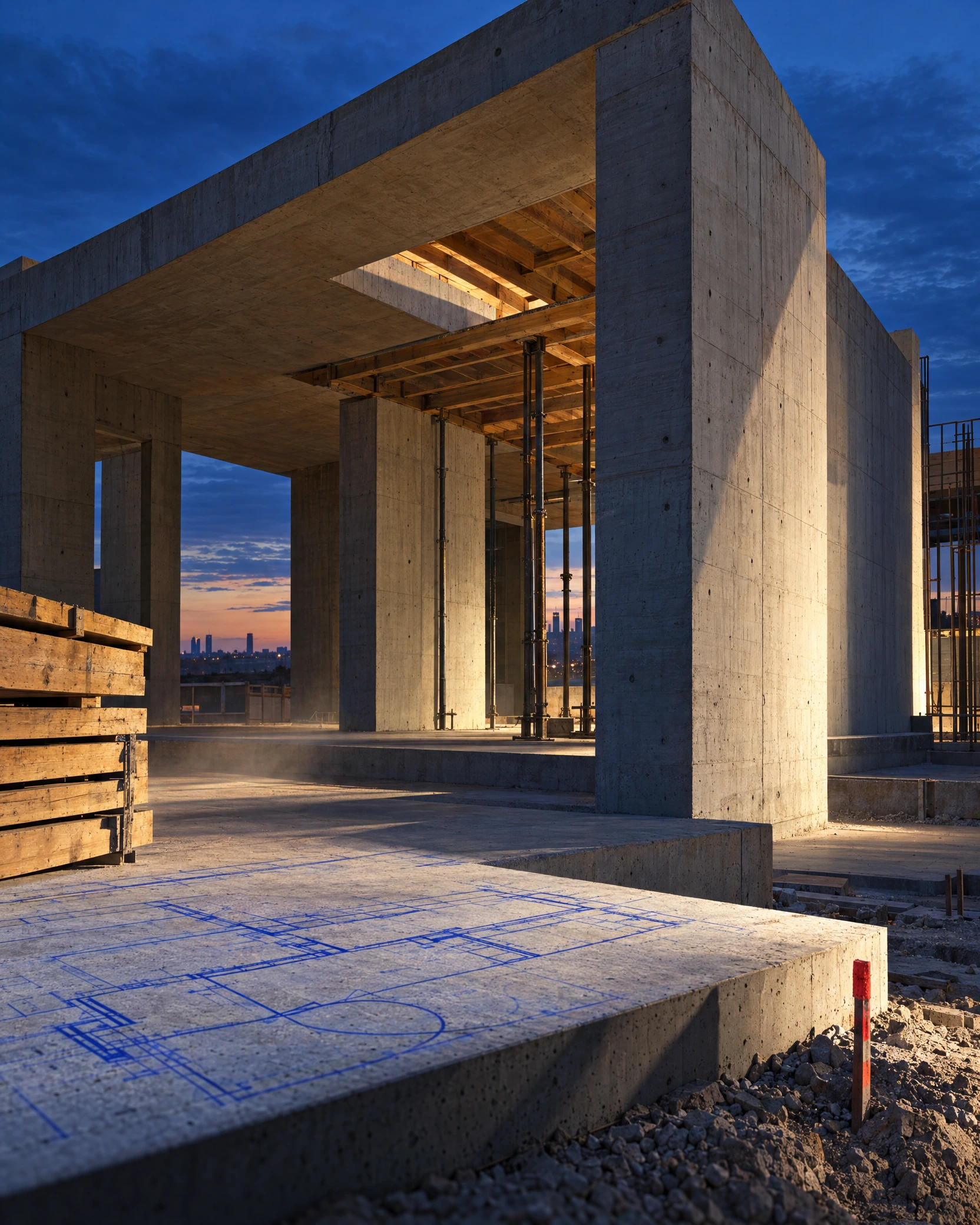 Pabellón de hormigón y madera en construcción al anochecer, visual conceptual de obra