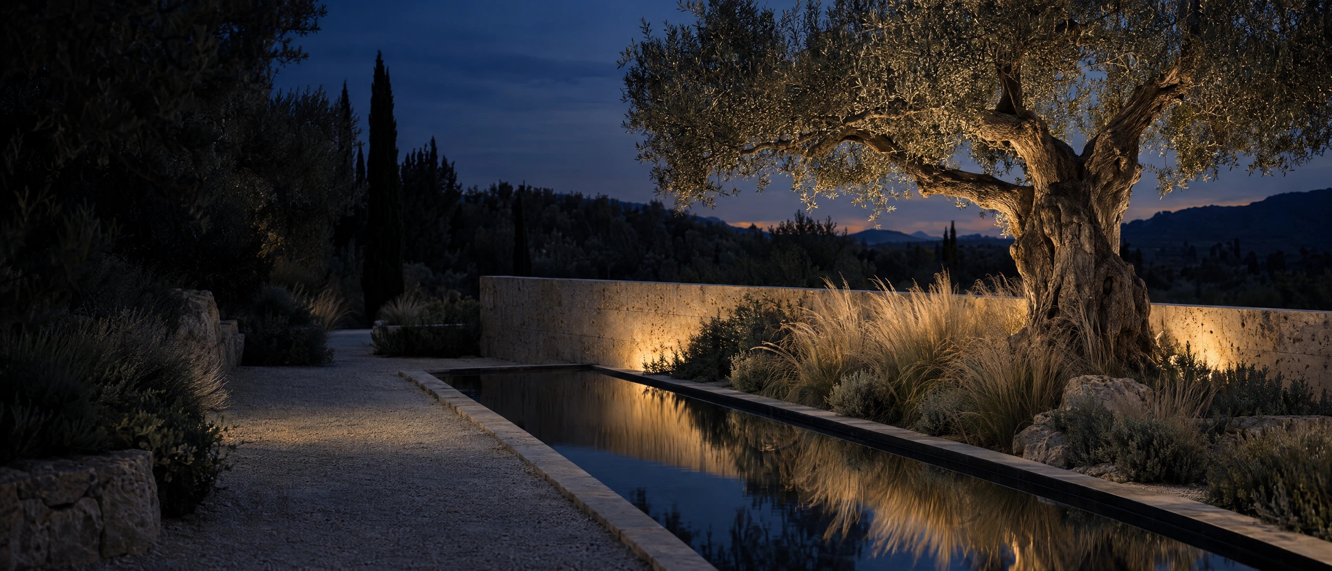 Paisaje mediterráneo de autor con piedra, olivo, agua y una luz cálida al anochecer